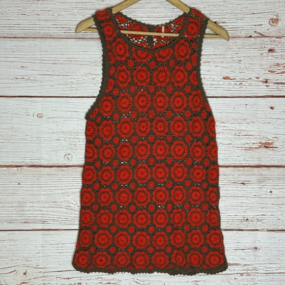 Free People Delilah Crochet Mini Shift Dress in Orange and Brown Sz S - Picture 5 of 13